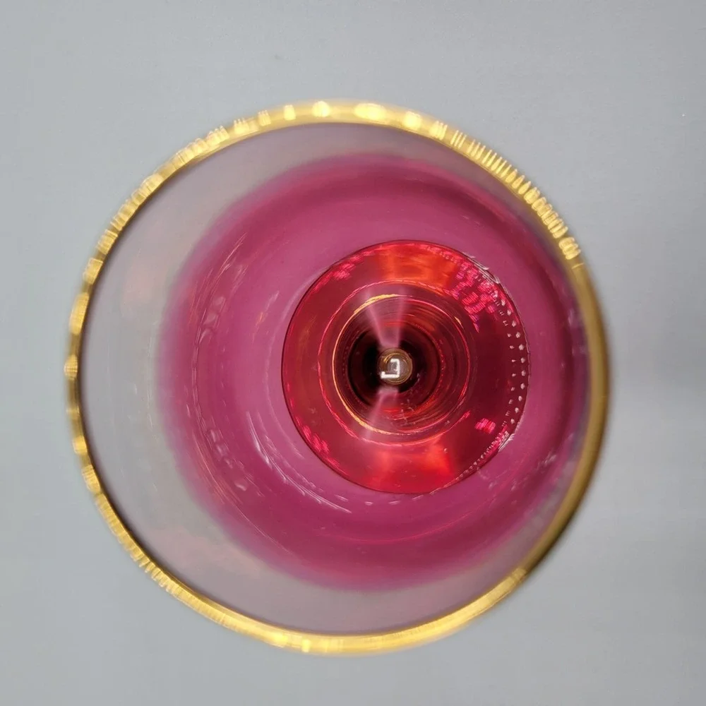 Vintage Set Of 2 MCM Cranberry Ombre Wine Glasses With Gold Rim Accent #2